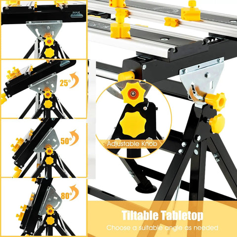 Portable Folding Workbench With Vise And Eight Sliding Clamps Seven Level Height Adjustments Tiltable Extendable Tabletop