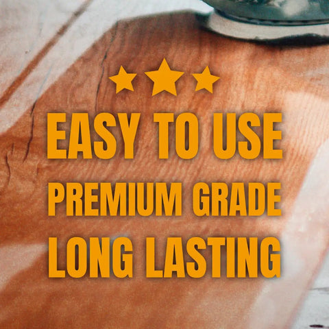 Text on wood: Easy to Use, Premium Grade, Long Lasting; star graphics above; context suggests sanding quality.