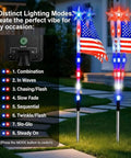 Patriotic Solar Flag Light Set With 56 LEDs, 8 Modes, Red White And Blue Stake Pathway Lights in garden near steps