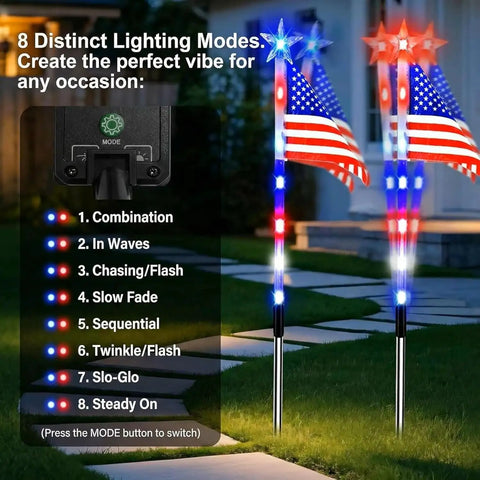 Patriotic Solar Flag Light Set With 56 LEDs, 8 Modes, Red White And Blue Stake Pathway Lights in garden near steps