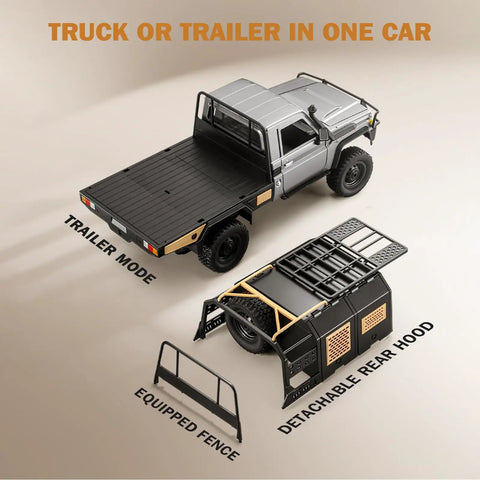 1 To 12 Scale RC Crawler Toyota LC79 4x4 Off Road Toy showing detachable rear hood and trailer mode with equipped fence accessory
