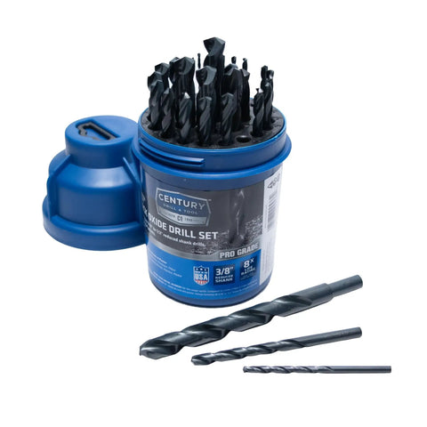 Pro Grade Reduced Shank Black Oxide Drill Set, 29 Piece, Made in USA, showing open case with various drill bit sizes