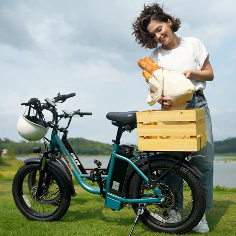 Fat Tire Electric Bike For Adults With 28 MPH Top Speed, 48V Power, And 80 Mile Range next to person with basket in park.