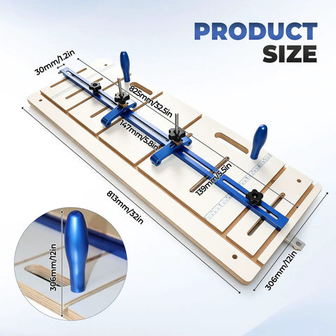 Top Tier Taper And Straight Line Jig For Table Saws With 37 Inch Miter Bar Steel Fence dimensions and components displayed on a workbench.