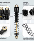 Four Pack Metal RC Shock Absorbers 70 80 90 100 110 120mm Damper Set for One Tenth RC Crawlers Including Axial SCX10 TRX4 D90 D110 RR10 CC01 Black 80mm Upgrade for Smoother Ride and Balanced Handling featuring construction details like spring compression ring and metal ball end.