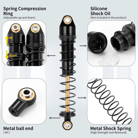 Four Pack Metal RC Shock Absorbers 70 80 90 100 110 120mm Damper Set for One Tenth RC Crawlers Including Axial SCX10 TRX4 D90 D110 RR10 CC01 Black 80mm Upgrade for Smoother Ride and Balanced Handling featuring construction details like spring compression ring and metal ball end.