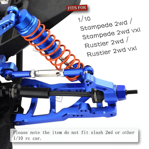 Beefed Up 1/10 Scale RC Upgrade Parts Kit with navy blue alloy shocks and steel driveshaft for Stampede VXL 2WD, Rustler VXL 2WD.