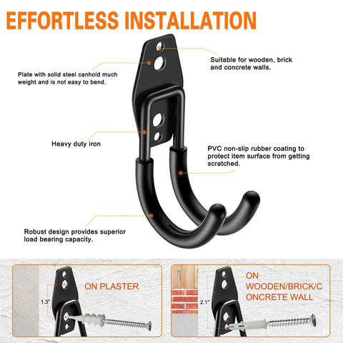 Effortless installation of Six Pack Heavy Duty Garage Hooks J Shaped Wall Mounted Organizer showing wall compatibility.