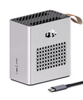 Premium External Graphics Docking Station With AMD Radeon RX 7600M XT 8GB GDDR6 And 120W TGP, compact silver design with USB4 connection.