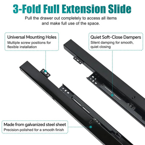 Heavy Duty Undermount Drawer Slide Bottom Mount Shelf Rail Kit For Seamless Cabinet Organization Offering Silky Smooth Glide Tracks, showing 3-fold extension slides.