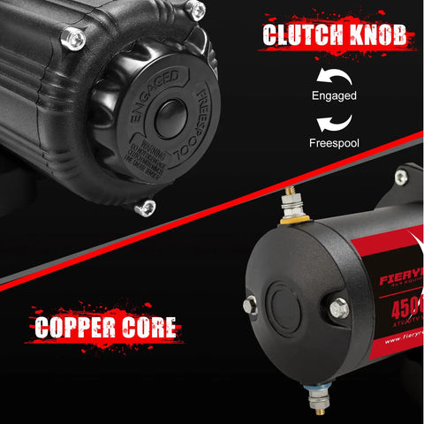 Close-up of 12V Powerful One Point Nine Horsepower Electric Winch Kit clutch knob and copper core details for ATV UTV towing.