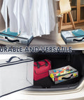 Heavy-Duty Clear Storage Bags With Zipper, 12 Pack, shown organizing clothing and toys in closet and car trunk, 15.7x11.8x3.9 Inch