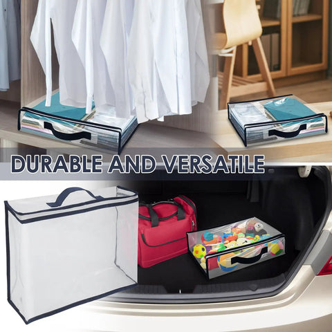 Heavy-Duty Clear Storage Bags With Zipper, 12 Pack, shown organizing clothing and toys in closet and car trunk, 15.7x11.8x3.9 Inch