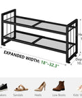 Expandable 2 Tier Metal Shoe Rack Stackable Closet Organizer Adjustable Entryway Storage Space Saver for Home Dorm Small Rooms Game Changer Organization King with dimensions and shoe types.