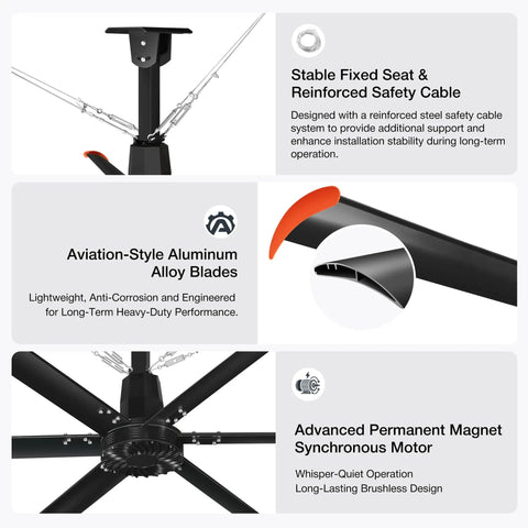 Mighty Two Hundred Forty Inch Industrial Ceiling Fan Featuring Quiet Dc Motor And Six Aluminum Blades Detail on stable seat and aluminum blades.