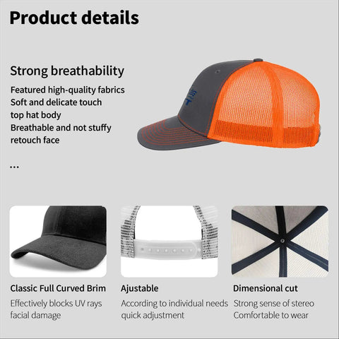 Breathable Summer Trucker Cap For Men With Anti Sweat Band, showing orange mesh back and adjustable snap closure.