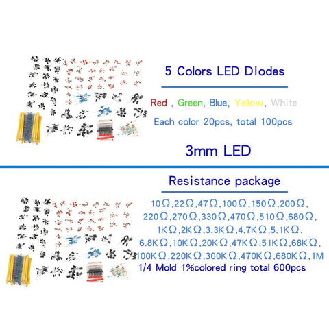 No Sweat Electronics Tinkerer Kit 1400 Piece Beginner Starter Pack with 5 colors LED diodes and resistance package.