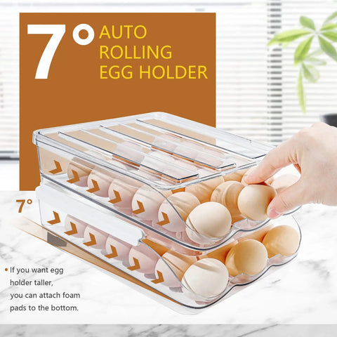 Egg Organizer For Refrigerator, 36 Egg Stackable Storage Box with auto rolling feature and removable lid in use