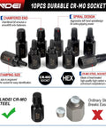 Screw Extractor Set 10 Piece Hex Head Easy Outs For Stripped Fasteners MultiSpline EZ Out Kit From One Eighth To Thirteen Thirty Second Inch Heavy Duty Pro Grade CRMO Hardened Extractors For Broken Screws displayed with size markings and spiral design detail.