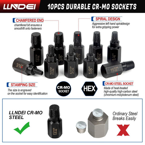 Screw Extractor Set 10 Piece Hex Head Easy Outs For Stripped Fasteners MultiSpline EZ Out Kit From One Eighth To Thirteen Thirty Second Inch Heavy Duty Pro Grade CRMO Hardened Extractors For Broken Screws displayed with size markings and spiral design detail.