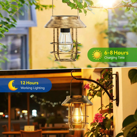 Two Pack Solar Lanterns Outdoor Waterproof Hanging Lights With Wall Hooks Retro Metal Lanterns auto on off garden porch