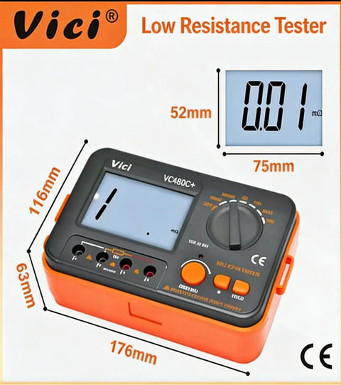 VC480C Pro-Grade Ultra-Precise Milliohm Meter With 4-Wire Kelvin Clips, large backlit LCD and control features displayed