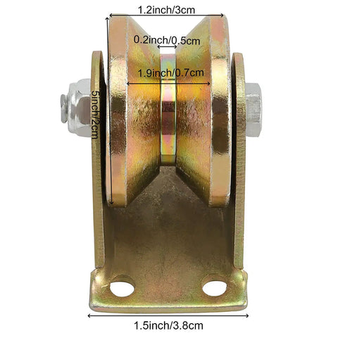 Front view of a heavy duty 2 inch V groove wheel caster with bracket, shown with measurements, part of the 12 Pack 2 Inch V Groove Wheel Casters With Bracket, Heavy Duty 1045 Steel V Track Roller For Sliding Gate Doors, Track Rail Pulley, High Load Bearing, Rust Resistant, Durable Gate Hardware Built To Last set.