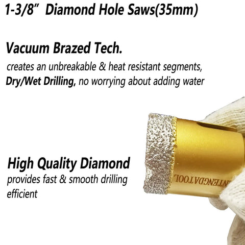 Close-up view of a 35mm dry and wet vacuum brazed diamond hole saw in a heavy duty kit for drilling ceramic tile and stone