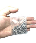 Fifty Piece Set Screws One Quarter Twenty Threads By Three Eighths Inch 304 Stainless Steel Allen Head Hex Socket Set Screws With One Eighth Inch Allen Wrench in hand