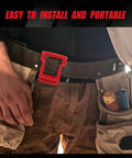 Person wearing belt with tool holster and red clip, showcasing Heavy Duty Wall Mount Tool And Battery Organizer Kit For Milwaukee M18 18V.
