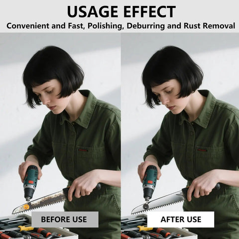 Before and after using Pro Grade All In One 40 Piece Buffing And Grinding Kit with rotary tool for polishing metal blade