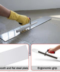 Heavy Duty Pool Trowel With Rounded Front And Square Back Edge For Fine Finish 20 By 4 Inches Stainless Steel Masonry Plastering Drywall Construction Hand Tool With Soft Grip shown smoothing concrete.