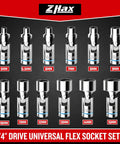 12-Piece Quarter Inch Drive Universal Flex Socket Set, 6-Point Metric From Five To Fifteen Millimeters, Swivel Joint, CR-V Steel, Workin' In Tight Spaces And Hard To Reach Spots, 5mm-15mm sockets shown