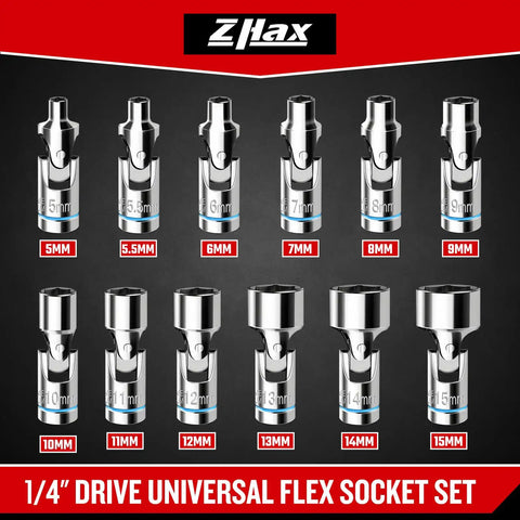 12-Piece Quarter Inch Drive Universal Flex Socket Set, 6-Point Metric From Five To Fifteen Millimeters, Swivel Joint, CR-V Steel, Workin' In Tight Spaces And Hard To Reach Spots, 5mm-15mm sockets shown