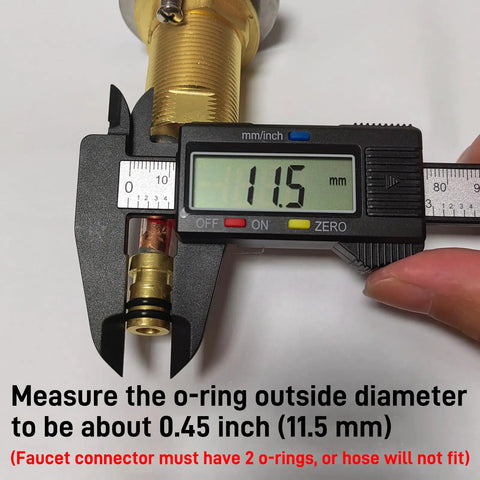 Caliper measuring 11.5 mm diameter on faucet for 12 Inch Quick Connect Faucet Water Supply Lines.