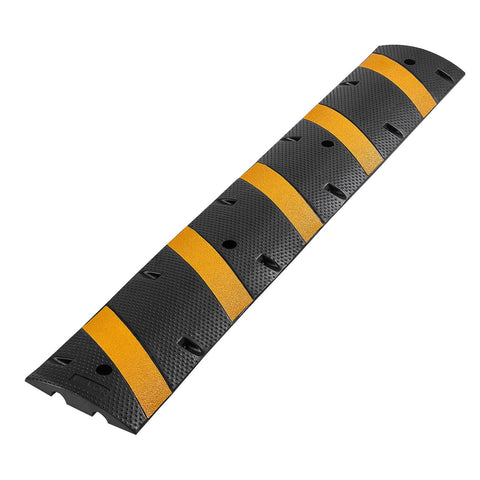 Beefy Rubber Driveway Speed Bumps 2-Pack, 6-Foot 2-Channel Modular Traffic Humps, black with yellow stripes, top view