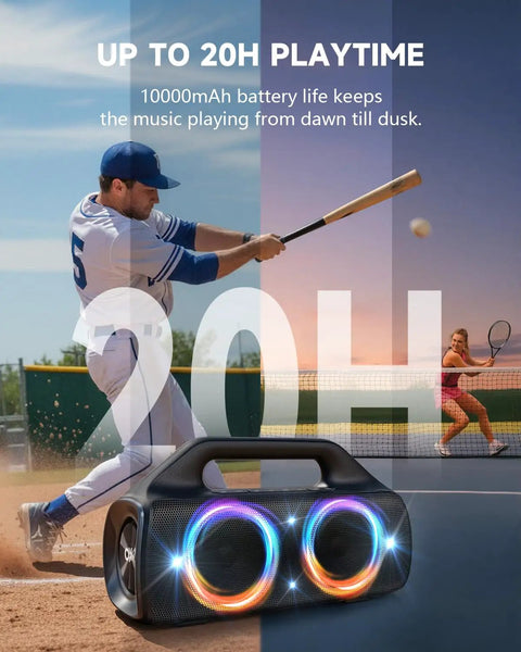 IPX67 Waterproof Bluetooth Speaker With 80W Peak Power Deep Bass and RGB LED lights on field with baseball and tennis players