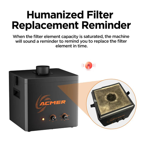 Laser Smoke Purifier for Engravers with filter replacement reminder, highlighted filter, compact design, easy to clean.