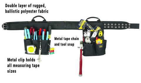 Electrician's Tool Belt Kit, 3 Piece Combo With 20 Pockets, Adjustable 29 To 46 Inch Black, includes metal clip and tape chain.