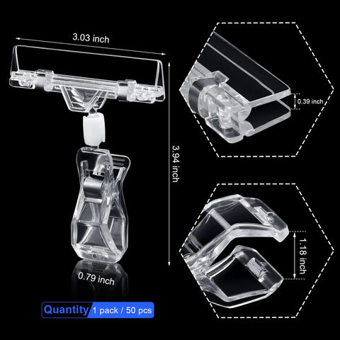 50 Pack Plastic Sign Holder Clips With Swivel Rotatable Ball Joint Design For Price Tags, clear plastic dual clip display clip, 3.94 inch