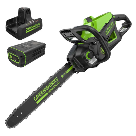 82V 18 Inch Brushless Cordless Chainsaw With 2.7kW Power, 210 Cuts Per Charge, dual port rapid charger, and 4.0Ah battery