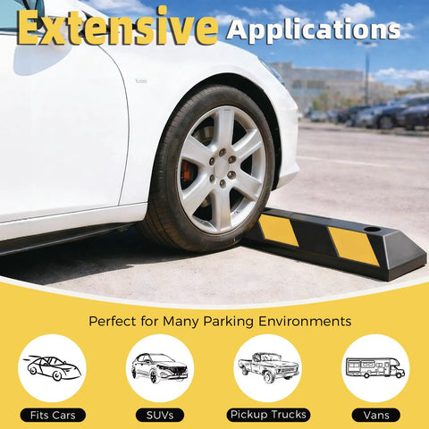 Car tire stopped by 35.5 Inch Heavy Duty Rubber Parking Stopper 2 Pack With Reflectors And Mounting Screws, 22,000 Lbs Vehicle Stop, Garage Parking Aid, Easy Install Parking Barrier For Cars, 4 Inch Rise in parking lot.