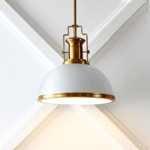 13 Inch Brass Gold And White Modern Industrial Iron LED Dome Pendant Light With Adjustable Hanging Fixture For Kitchen Island Or Entryway White Metal Shade LED Bulb Included Slick And Functional, close-up view