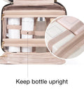 Ultra Large Toiletry Organizer Bag With Hook Water Resistant Travel Cosmetic Case open showing compartments holding bottles