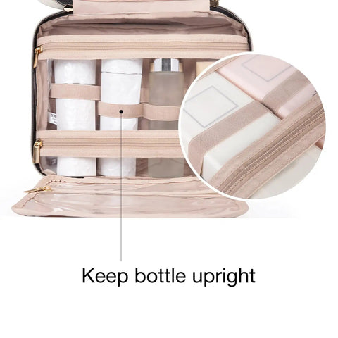 Ultra Large Toiletry Organizer Bag With Hook Water Resistant Travel Cosmetic Case open showing compartments holding bottles