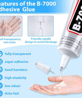 Ultra Versatile B-7000 Industrial Strength Glue For Rhinestones And Crafts showing adhesive features and application on hand.