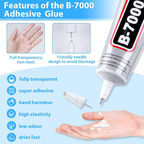 Ultra Versatile B-7000 Industrial Strength Glue For Rhinestones And Crafts showing adhesive features and application on hand.