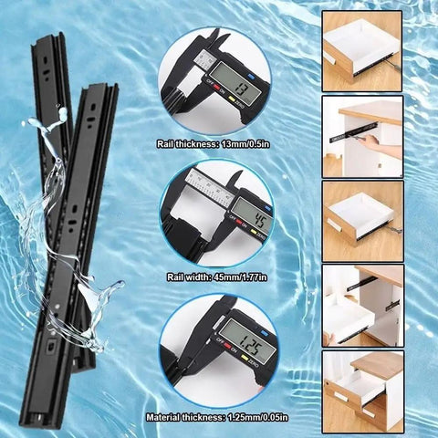 Soft Close Drawer Slides For Cabinets And Furniture, 6 To 40 Inch Length, Side Mount Rails In Black with measurements