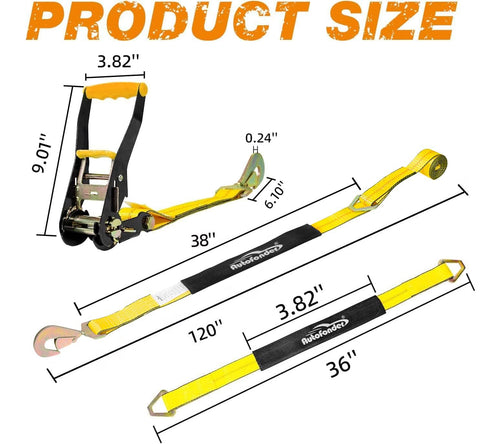 Heavy Duty Car Tie Down Kit With Snap Hooks 10,000 Lb Break Strength showing product size and dimensions