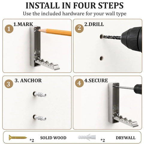 Installation steps for Top Shelf Fold Down Wall Hooks For Heavy Jackets And Keys Set Of Four Brushed Silver Zinc Alloy rectangular rack.